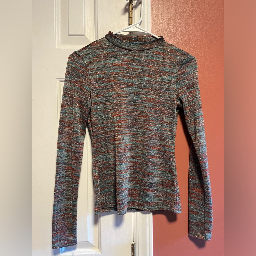 Multicolor mock neck glitter sparkle stretchy mesh long sleeve